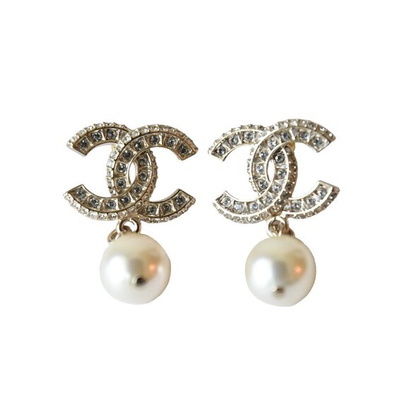 Chanel CC Crystal Strass with Pearl Drop Earrings Gold - Picture 1 of 1